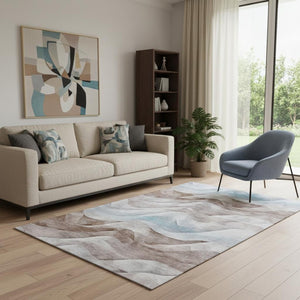 HomeRoots 5' Abstract Coffee Blue & Ivory Washable Area Rug with UV Protection - Durable, Stylish & Easy Care 694811