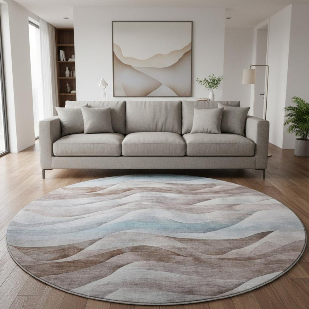 HomeRoots 8' Round Coffee Blue & Ivory Abstract Washable Rug with UV Protection for Modern Living Spaces 694812