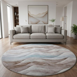 HomeRoots 8' Round Coffee Blue & Ivory Abstract Washable Rug with UV Protection for Modern Living Spaces 694812