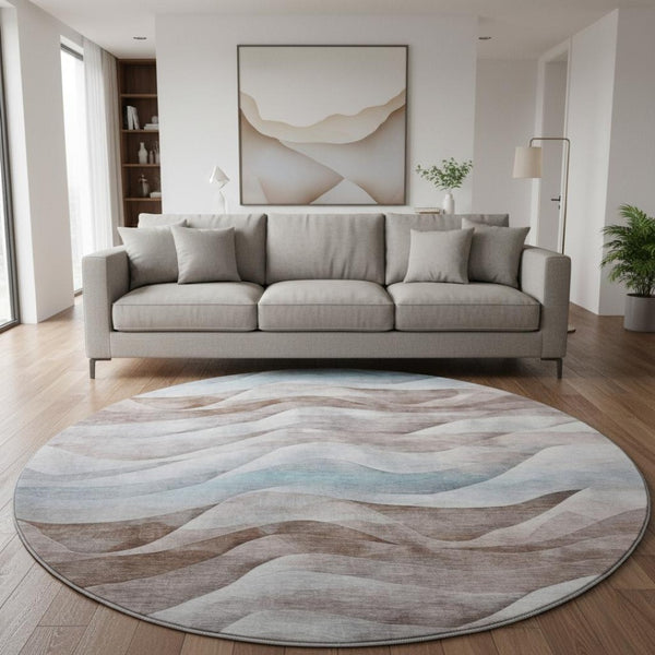 HomeRoots 8' Round Coffee Blue & Ivory Abstract Washable Rug with UV Protection for Modern Living Spaces 694812