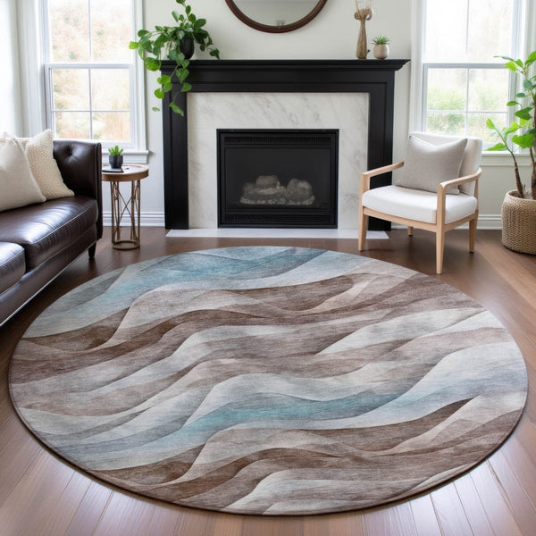 HomeRoots 8' Round Coffee Blue & Ivory Abstract Washable Rug with UV Protection for Modern Living Spaces 694812