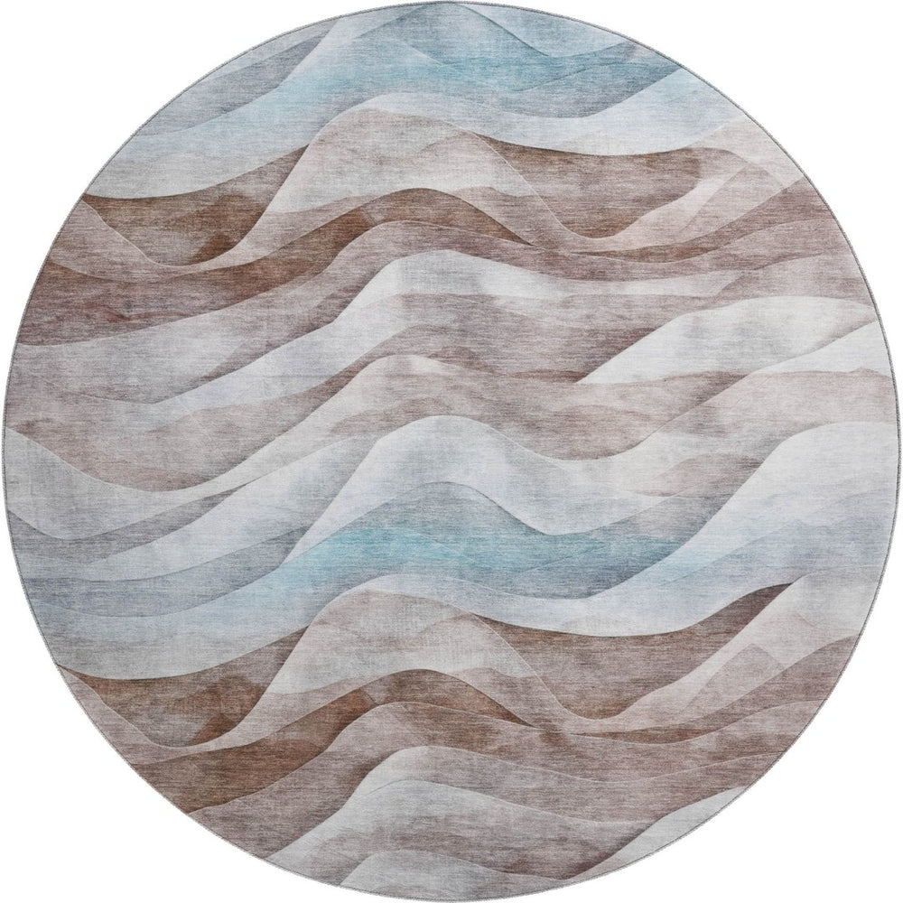 HomeRoots 8' Round Coffee Blue & Ivory Abstract Washable Rug with UV Protection for Modern Living Spaces 694812