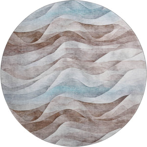 HomeRoots 8' Round Coffee Blue & Ivory Abstract Washable Rug with UV Protection for Modern Living Spaces 694812