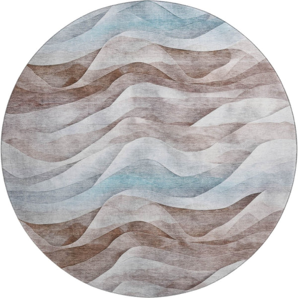 HomeRoots 8' Round Coffee Blue & Ivory Abstract Washable Rug with UV Protection for Modern Living Spaces 694812