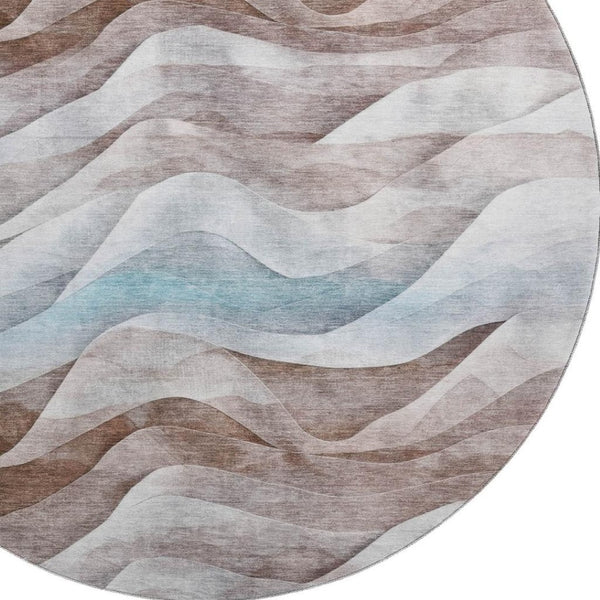 HomeRoots 8' Round Coffee Blue & Ivory Abstract Washable Rug with UV Protection for Modern Living Spaces 694812