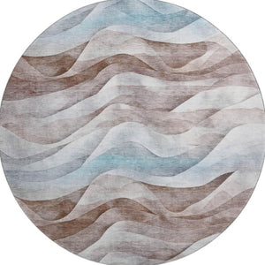 HomeRoots 8' Round Coffee Blue & Ivory Abstract Washable Rug with UV Protection for Modern Living Spaces 694812