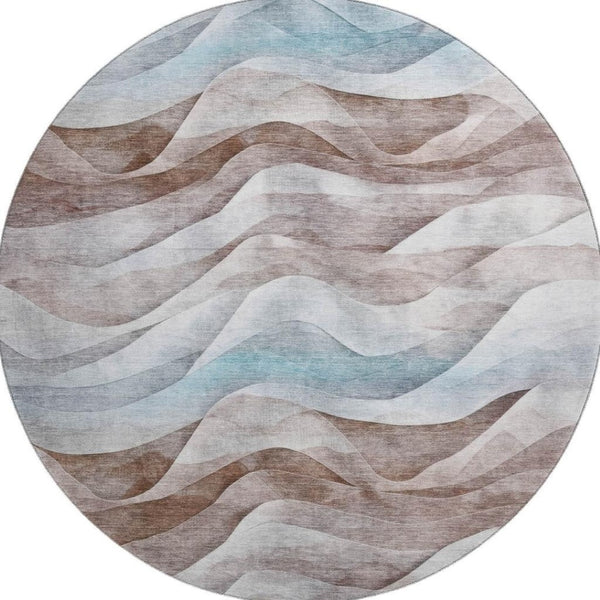 HomeRoots 8' Round Coffee Blue & Ivory Abstract Washable Rug with UV Protection for Modern Living Spaces 694812