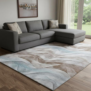 HomeRoots 8' Coffee Blue & Ivory Abstract Area Rug – Stylish, Washable, UV-Protected for High-Traffic Spaces! 694813