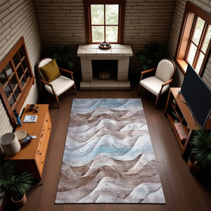 HomeRoots 8' Coffee Blue & Ivory Abstract Area Rug – Stylish, Washable, UV-Protected for High-Traffic Spaces! 694813
