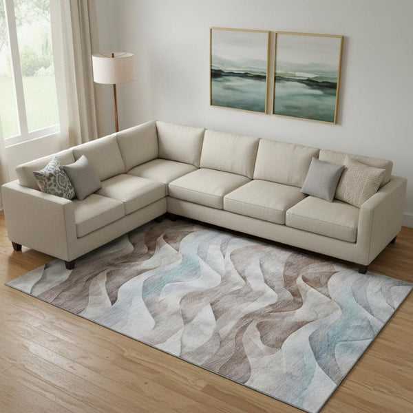 HomeRoots 9' X 12' Coffee Blue And Ivory Abstract Area Rug - Stylish, Washable, UV-Protected & Stain Resistant 694814