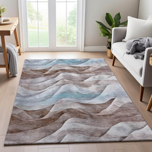 HomeRoots 9' X 12' Coffee Blue And Ivory Abstract Area Rug - Stylish, Washable, UV-Protected & Stain Resistant 694814