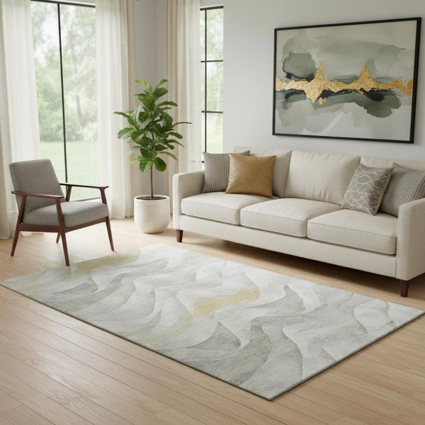 HomeRoots 5' X 8' Stylish Silver Gold Ivory Abstract Area Rug - Washable, UV Protected, Perfect for High-Traffic Areas 694817
