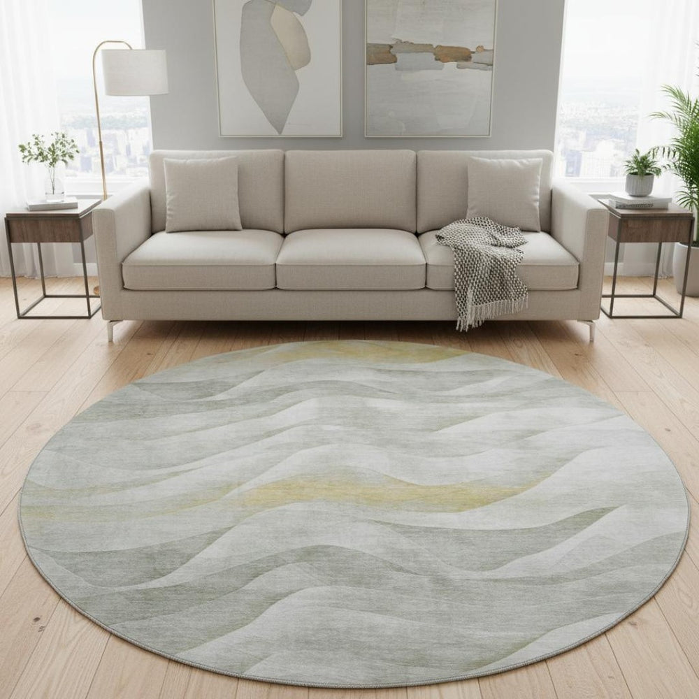 HomeRoots 8' X 8' Elegant Abstract Round Rug in Silver, Gold & Ivory - Washable, UV Protected & Non-Slip 694818