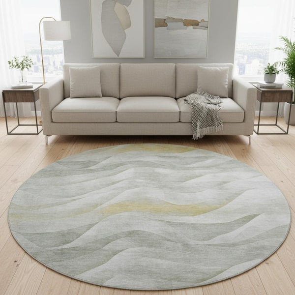 HomeRoots 8' X 8' Elegant Abstract Round Rug in Silver, Gold & Ivory - Washable, UV Protected & Non-Slip 694818