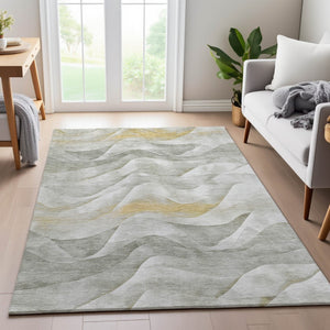 HomeRoots 8' Stylish Silver Gold Ivory Abstract Area Rug - Washable, UV Protected, Durable for Busy Homes 694819