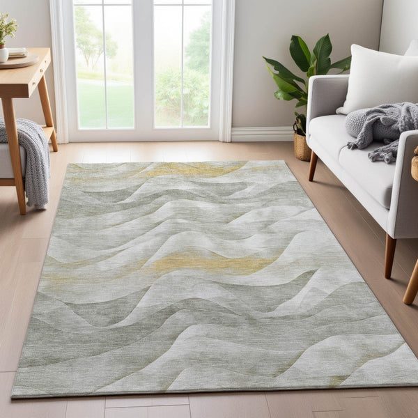 HomeRoots 8' Stylish Silver Gold Ivory Abstract Area Rug - Washable, UV Protected, Durable for Busy Homes 694819