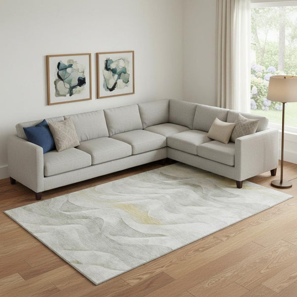 HomeRoots 9' X 12' Abstract Washable Area Rug in Silver, Gold & Ivory - UV Protected & Stain Resistant Design 694820