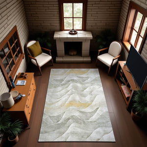 HomeRoots 10' Contemporary Silver, Gold & Ivory Abstract Washable Area Rug with UV Protection & Stain Resistance 694821