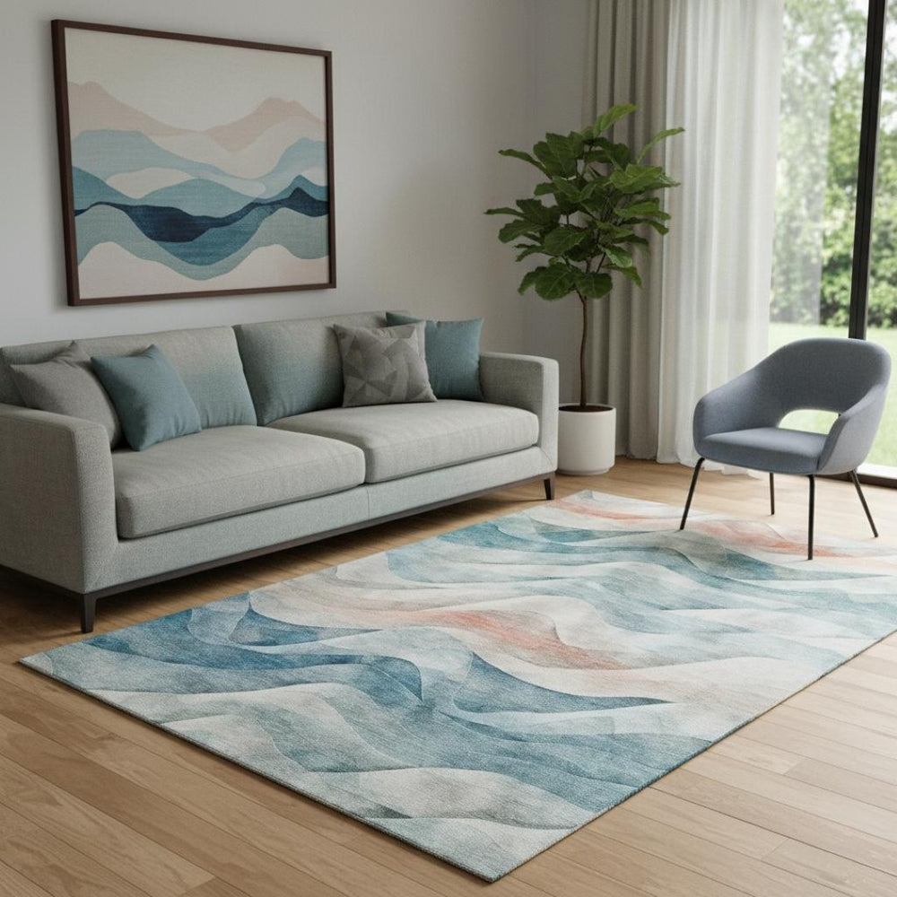 HomeRoots 5' X 8' Teal Peach Ivory Abstract Area Rug - Washable, UV-Protected, Stylish, Family-Friendly Design 694823
