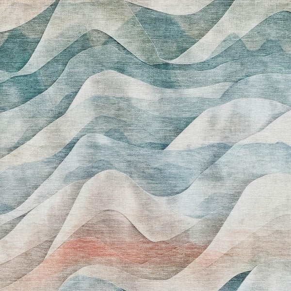 HomeRoots 5' X 8' Teal Peach Ivory Abstract Area Rug - Washable, UV-Protected, Stylish, Family-Friendly Design 694823