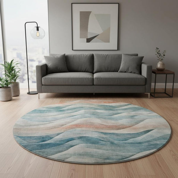 HomeRoots 8' X 8' Teal Peach Ivory Abstract Washable Round Rug – Durable, UV-Protected for Busy Homes! 694824