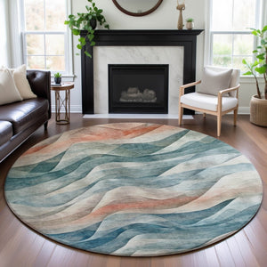 HomeRoots 8' X 8' Teal Peach Ivory Abstract Washable Round Rug – Durable, UV-Protected for Busy Homes! 694824