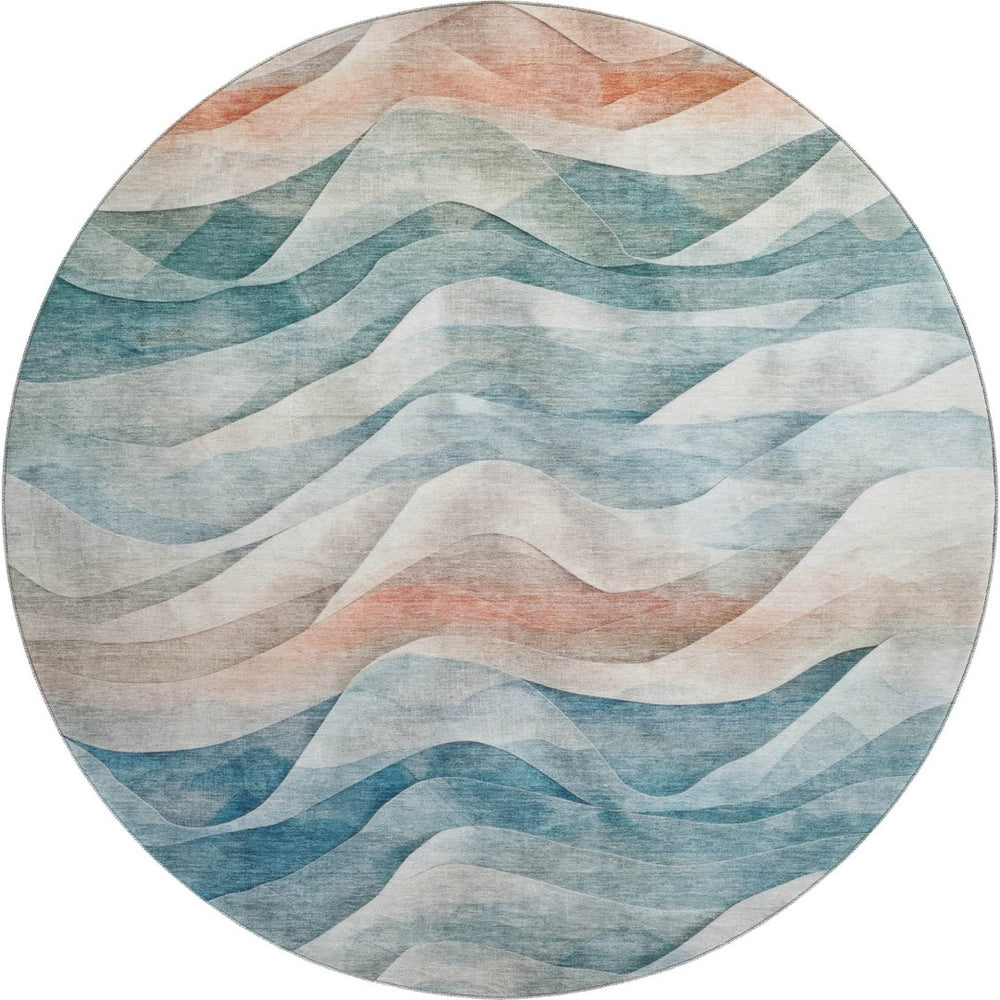 HomeRoots 8' X 8' Teal Peach Ivory Abstract Washable Round Rug – Durable, UV-Protected for Busy Homes! 694824