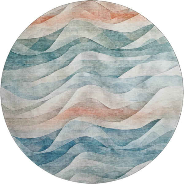 HomeRoots 8' X 8' Teal Peach Ivory Abstract Washable Round Rug – Durable, UV-Protected for Busy Homes! 694824