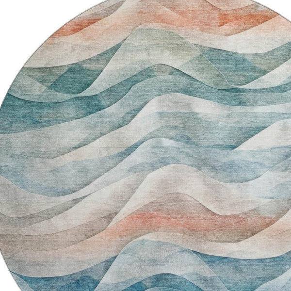 HomeRoots 8' X 8' Teal Peach Ivory Abstract Washable Round Rug – Durable, UV-Protected for Busy Homes! 694824