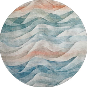 HomeRoots 8' X 8' Teal Peach Ivory Abstract Washable Round Rug – Durable, UV-Protected for Busy Homes! 694824