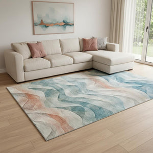 HomeRoots 8' Teal Peach And Ivory Abstract Area Rug - Stylish, Washable, UV-Protected, Non-Slip Design Perfect for Homes 694825