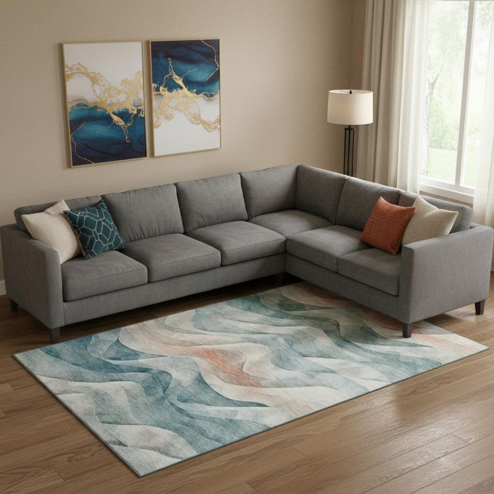 HomeRoots 9' X 12' Teal, Peach & Ivory Abstract Area Rug - Washable, Stain-Resistant, UV Protected Design! 694826