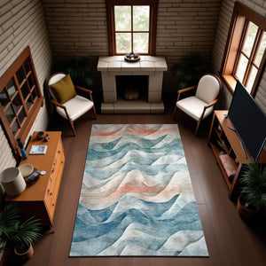 HomeRoots 9' X 12' Teal, Peach & Ivory Abstract Area Rug - Washable, Stain-Resistant, UV Protected Design! 694826