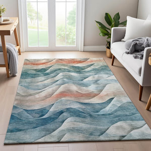 HomeRoots 9' X 12' Teal, Peach & Ivory Abstract Area Rug - Washable, Stain-Resistant, UV Protected Design! 694826