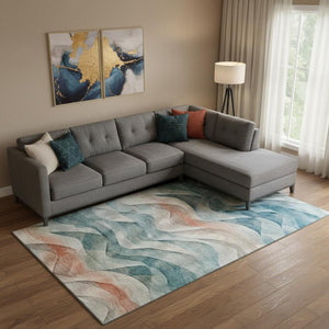 HomeRoots 10' X 14' Teal, Peach & Ivory Abstract Area Rug - Washable, UV Protected & Perfect for High-Traffic Areas 694827