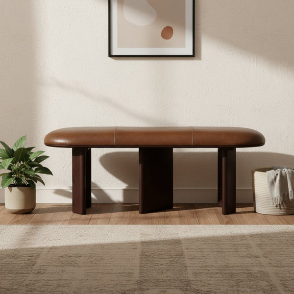 HomeRoots 48" Brown Genuine Leather Upholstered Bench with Solid Wood Legs - Stylish Entryway Seating Solution 694828