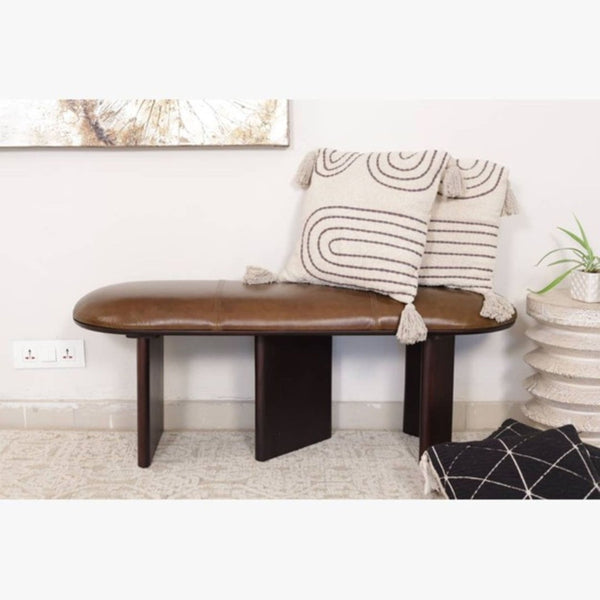 HomeRoots 48" Brown Genuine Leather Upholstered Bench with Solid Wood Legs - Stylish Entryway Seating Solution 694828