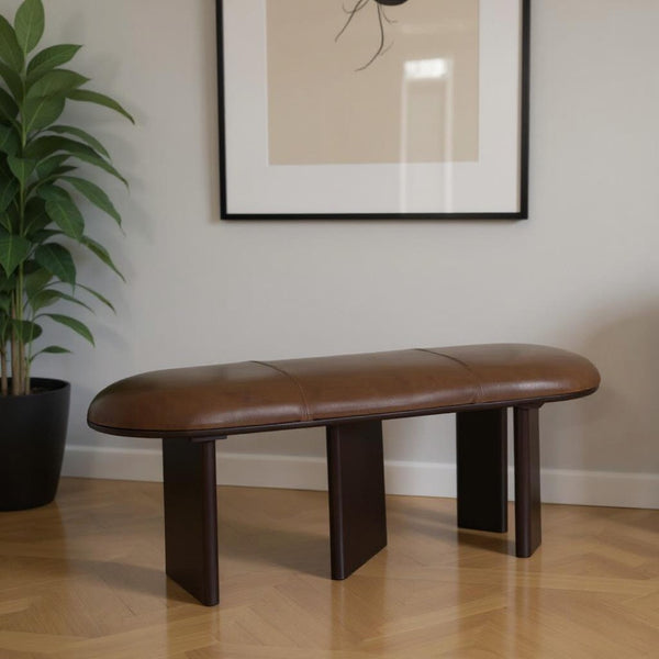 HomeRoots 48" Brown Genuine Leather Upholstered Bench with Solid Wood Legs - Stylish Entryway Seating Solution 694828