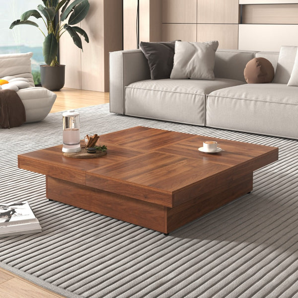 HomeRoots 39" Walnut Wood Square Block Coffee Table with Hidden Storage for Modern Living Room Style & Function 694829