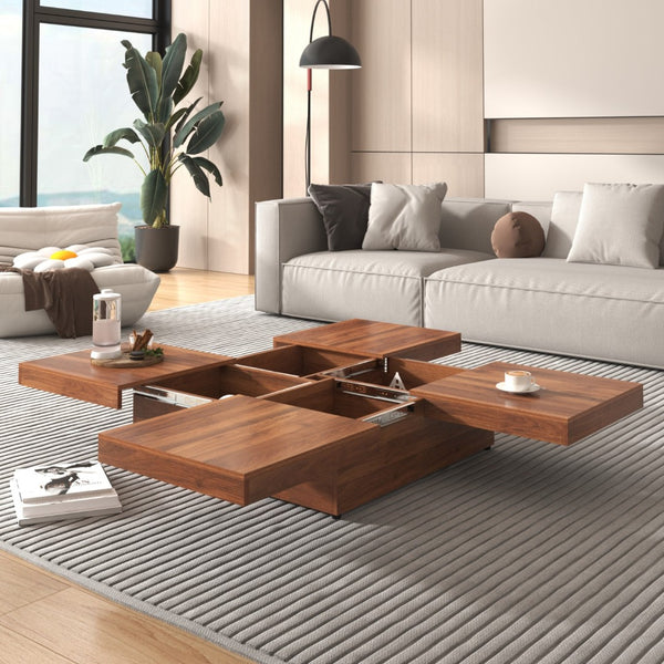 HomeRoots 39" Walnut Wood Square Block Coffee Table with Hidden Storage for Modern Living Room Style & Function 694829