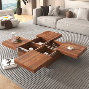 HomeRoots 39" Walnut Wood Square Block Coffee Table with Hidden Storage for Modern Living Room Style & Function 694829
