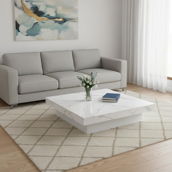 HomeRoots 39" White Faux Marble Square Coffee Table with Hidden Storage – Modern Chic Design for Any Room 694830