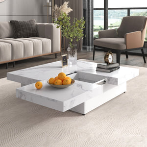 HomeRoots 39" White Faux Marble Square Coffee Table with Hidden Storage – Modern Chic Design for Any Room 694830