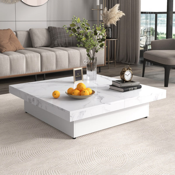 HomeRoots 39" White Faux Marble Square Coffee Table with Hidden Storage – Modern Chic Design for Any Room 694830