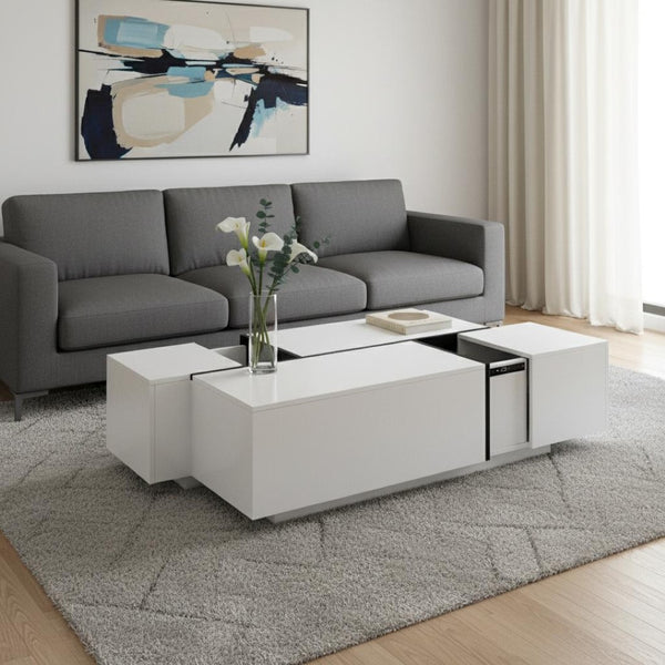 HomeRoots 47" White Wood Extendable Coffee Table with Hidden Storage for Modern Living Room and Office Style 694831