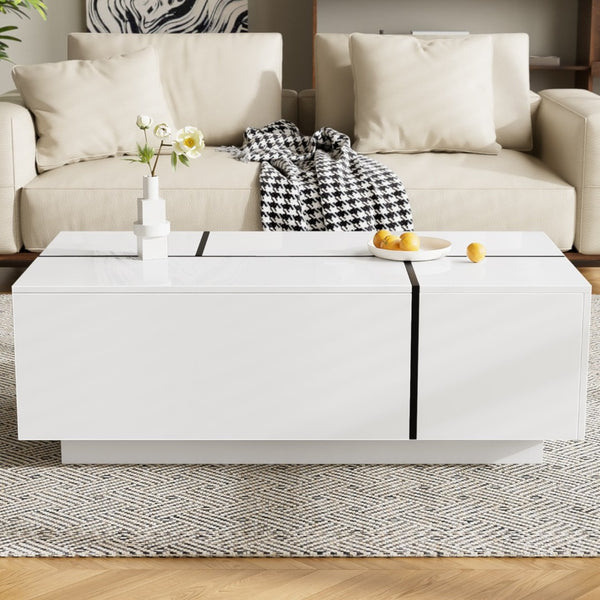 HomeRoots 47" White Wood Extendable Coffee Table with Hidden Storage for Modern Living Room and Office Style 694831