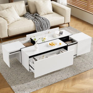 HomeRoots 47" White Wood Extendable Coffee Table with Hidden Storage for Modern Living Room and Office Style 694831