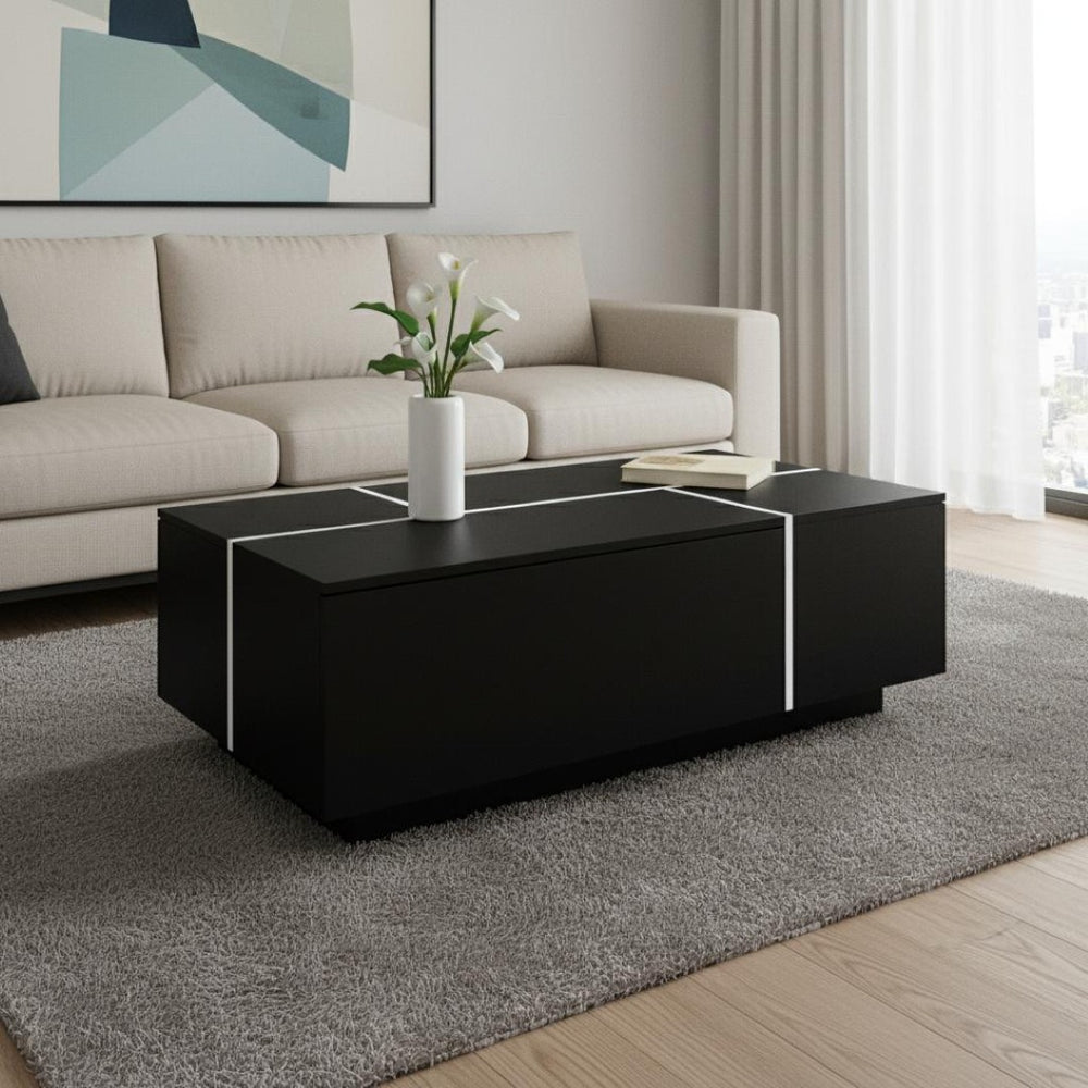 HomeRoots 47" Black Wood Extendable Coffee Table with Hidden Storage for a Modern, Organized Living Space 694832