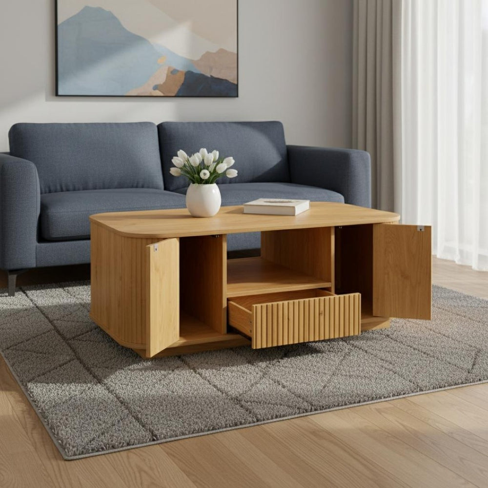 HomeRoots 47" Natural Wood Oval Coffee Table with Storage - Stylish, Modern Design for Living Spaces & Offices 694833