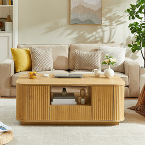 HomeRoots 47" Natural Wood Oval Coffee Table with Storage - Stylish, Modern Design for Living Spaces & Offices 694833
